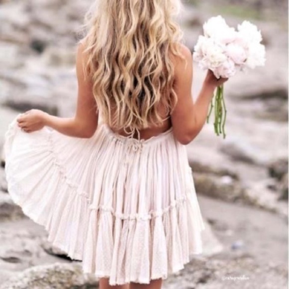 Boho Backless V Halter Swiss Dot Mini Dress Cream - Picture 11 of 12